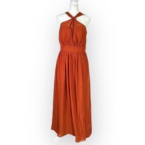 Birdy Grey Maxi Dress Women's Medium Rust Orange Tie Back Halter Sleeveless